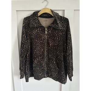 Style & Co Sport Womens 1X Leopard Print‎ Full Zip Jacket Brown Black Velour 1X